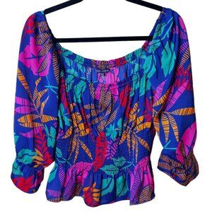Colorful Tropical Floral Blouse Smocked Waist Boutique Size L 3/4 Sleeve NWOT